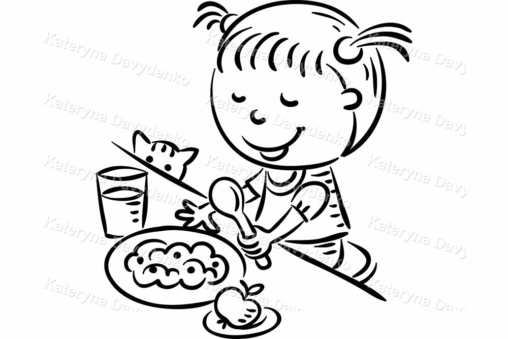 Girl Daily Routine. Line Art Kids Activities Clipart Set