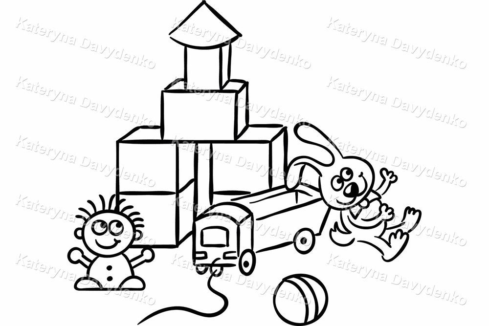 Cartoon kindergarten child with toys. Doodle kids clipart