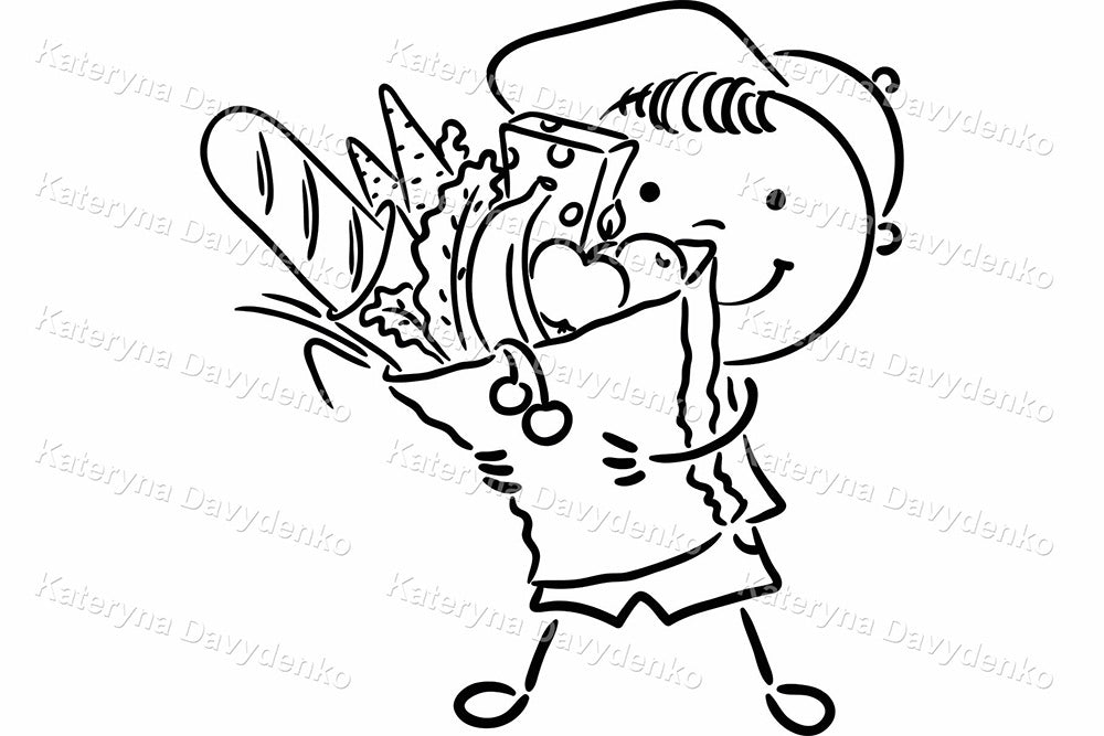 Boy with Groceries. Black and White Food Cartoon Clipart Set