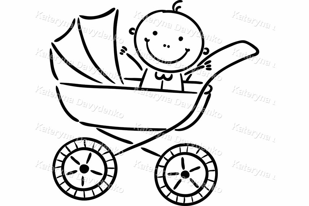 Stick Figure Baby Frame Black and White. Cute Outline Clipart Set