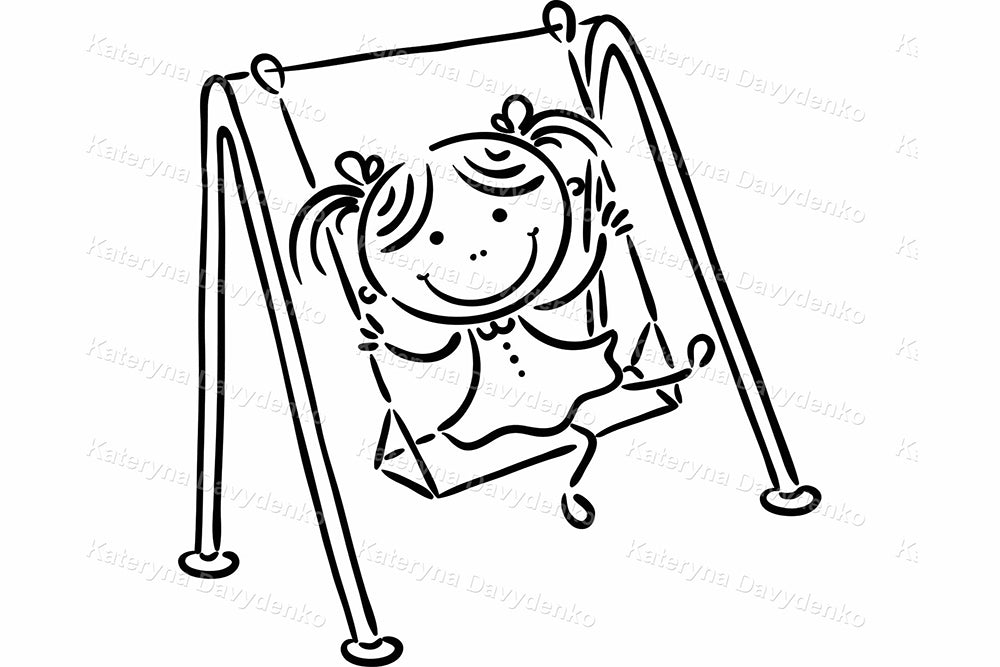 Doodle cartoon kids on playground. Outline clipart for download