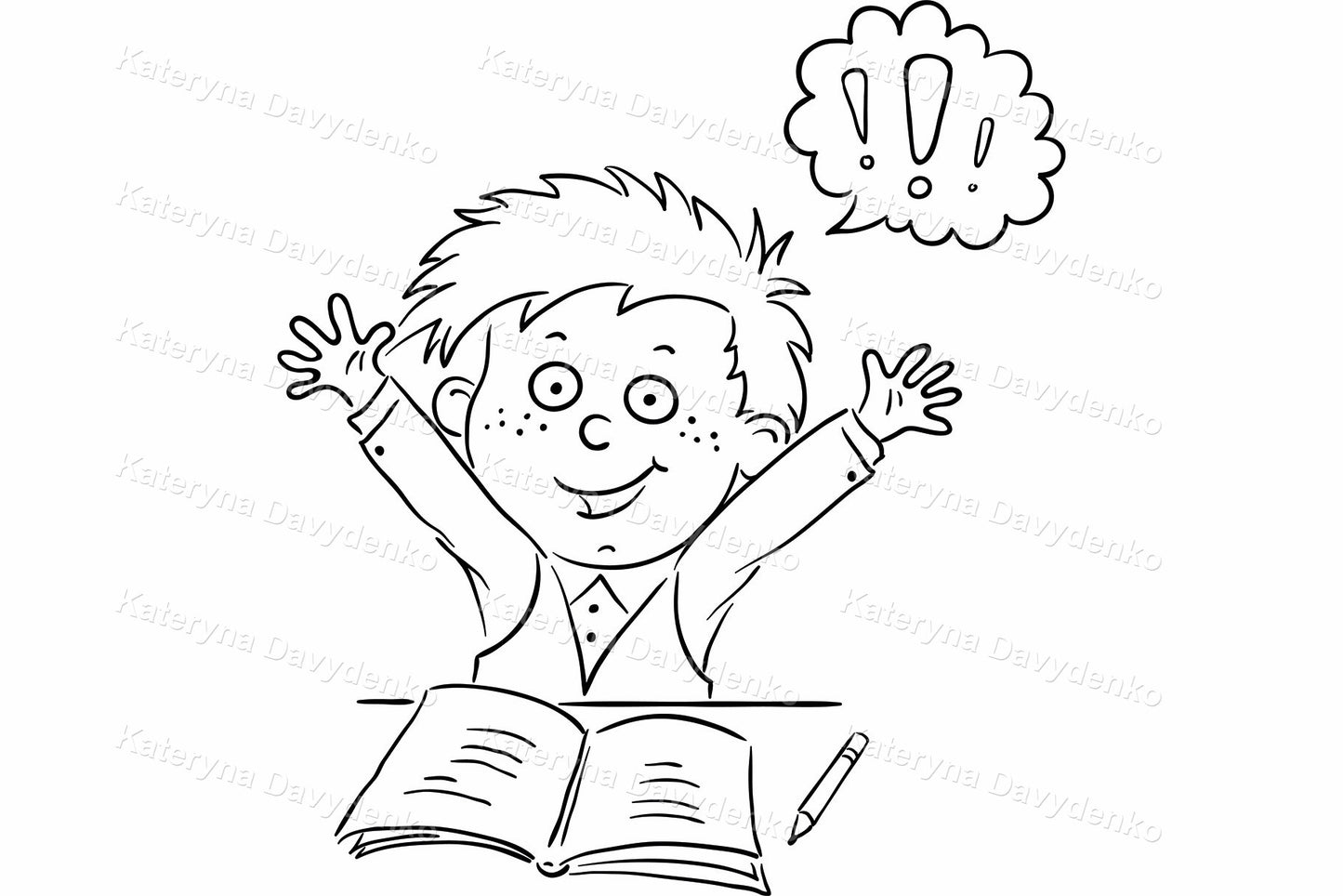 Thinking and Idea Clipart. Black & White School Boy Illustration