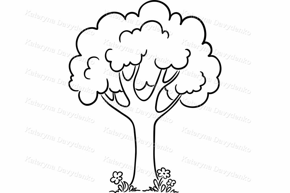Trees and Bushes Clipart. Black & White Nature Illustration Set