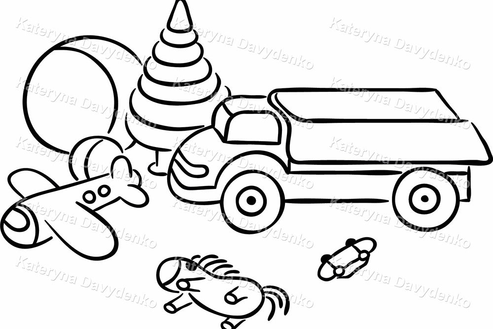 Cartoon kindergarten child with toys. Doodle kids clipart