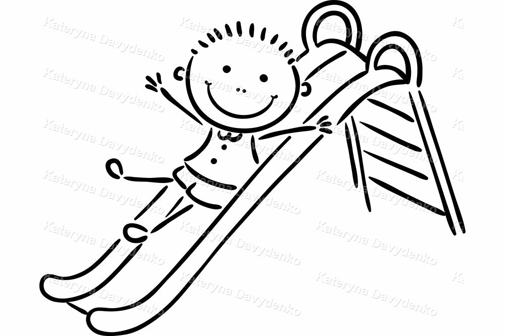 Doodle cartoon kids on playground. Outline clipart for download
