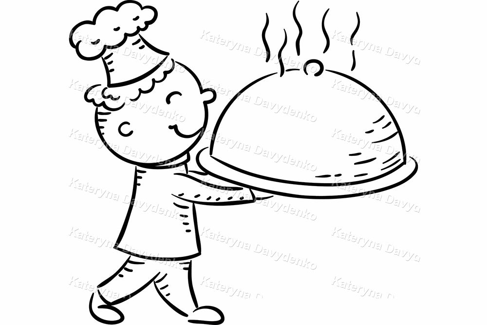 Doodle Kids Chefs with Food. Black and White Cooking Clipart Set