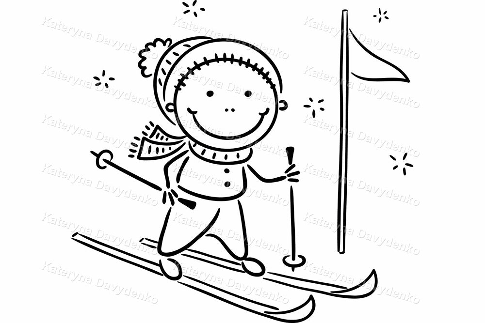 Black & white cartoon kids winter activities clipart set