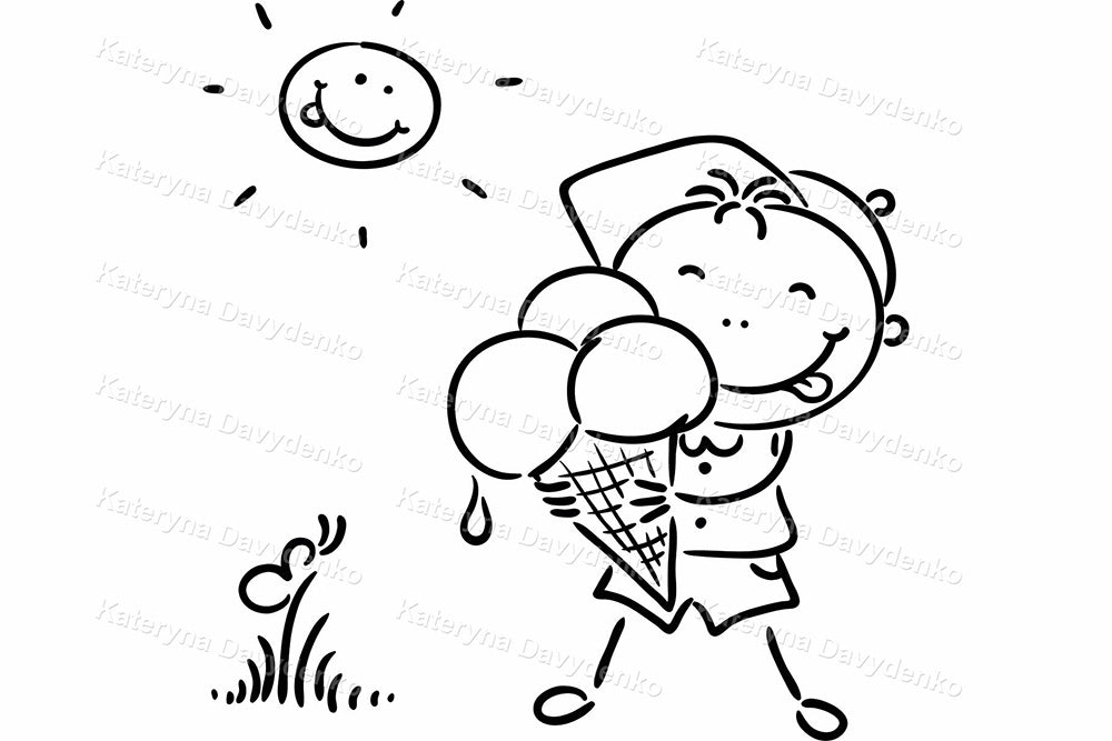 Summer kids activities outline doodle clipart set