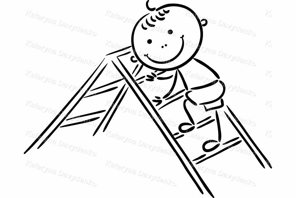 Doodle cartoon kids on playground. Outline clipart for download