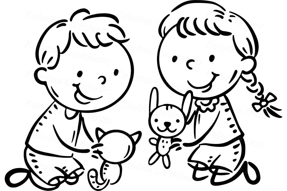 Kids Daily Activities – Black and White Vector Clipart Set