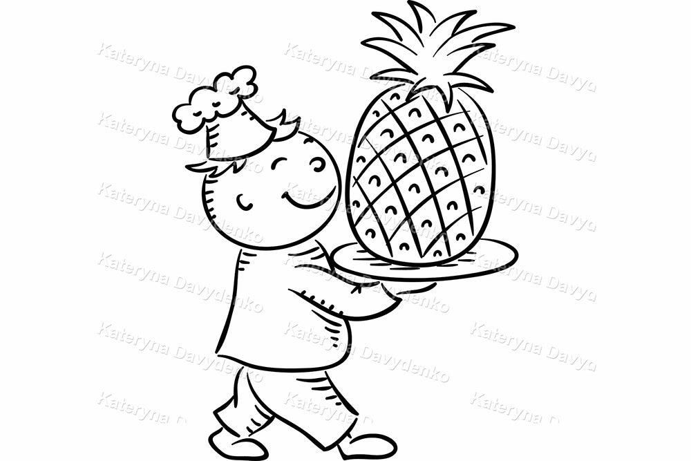 Doodle Kids Chefs with Food. Black and White Cooking Clipart Set
