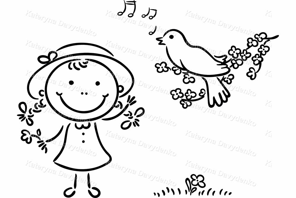 Spring Kids Activities Cute Doodle Outline Clipart Set