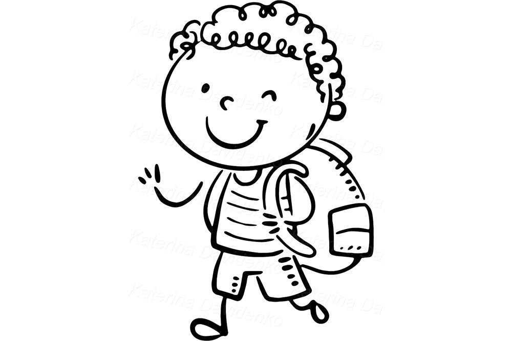 Black and white school kids clipart set. Cartoon school children with books, learning outline illustration