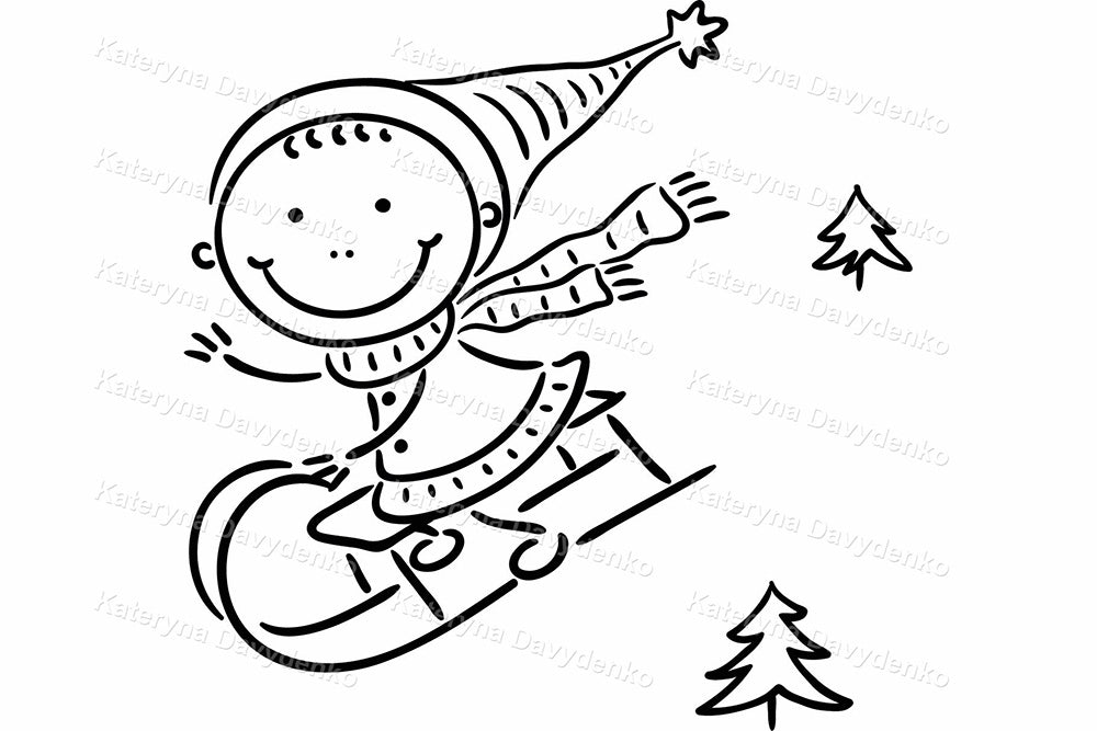 Black & white cartoon kids winter activities clipart set