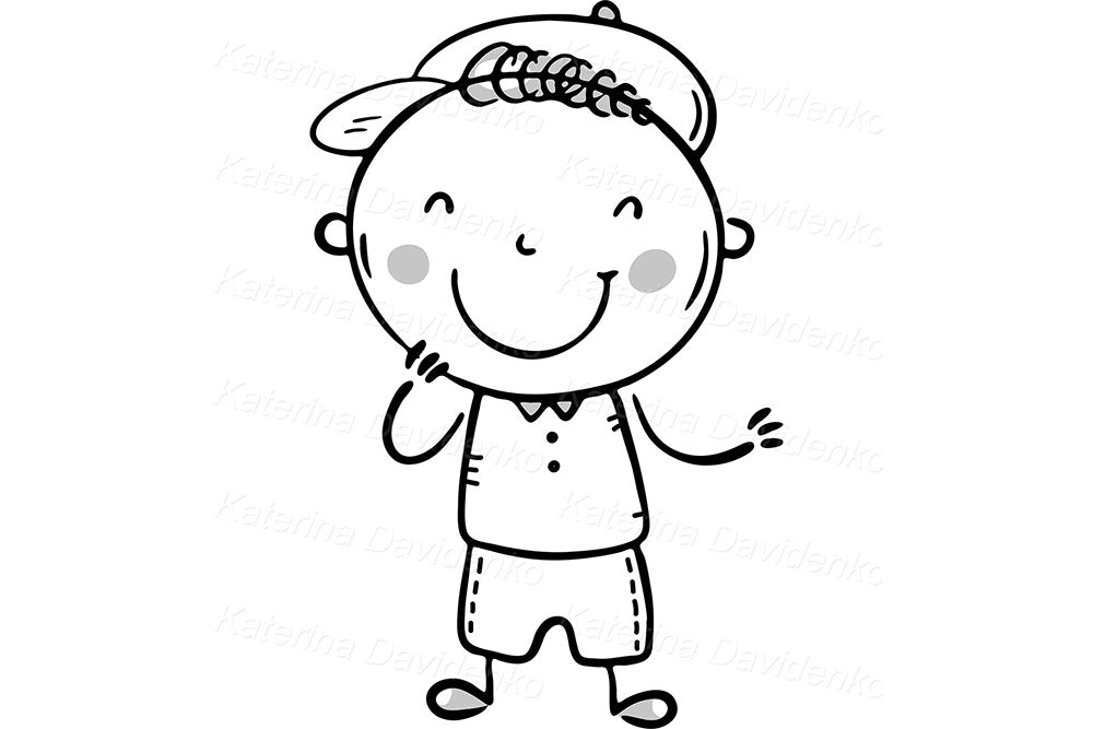 Cute Black and White Kids Clipart – Doodle Character Set