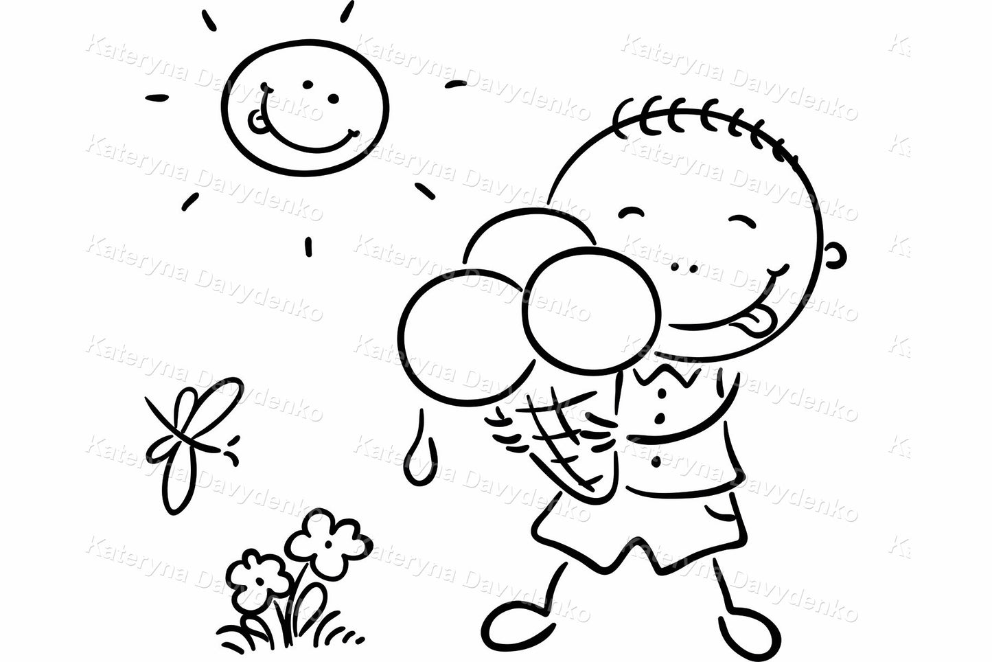 Line art seasonal kids activities set. 4 Seasons boy clipart
