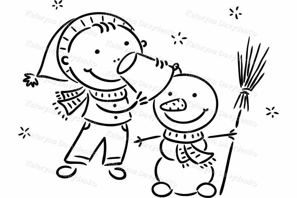 Black & white cartoon kids winter activities clipart set