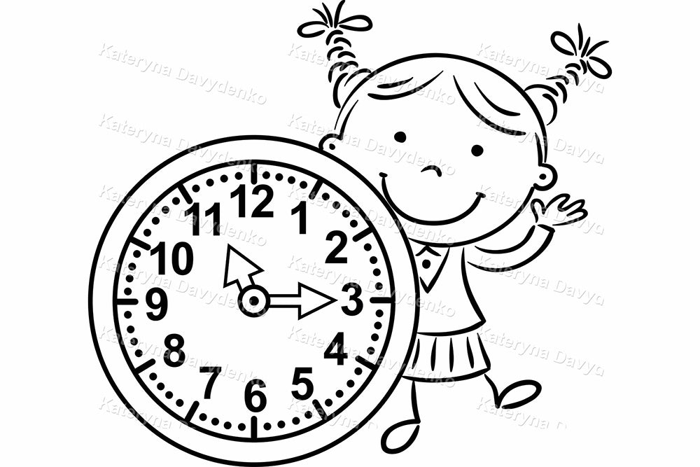 Kids with Clocks Clipart. Outline Time Learning Illustrations