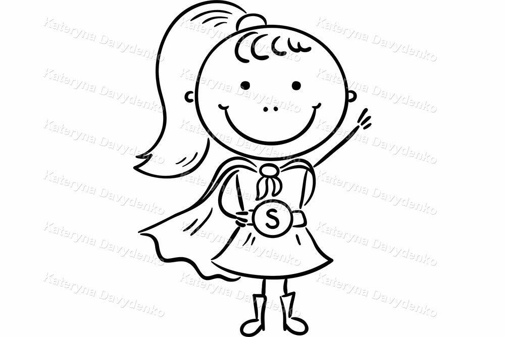 Cute kids superheroes clipart. Doodle line art set