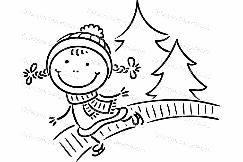 Black & white cartoon kids winter activities clipart set