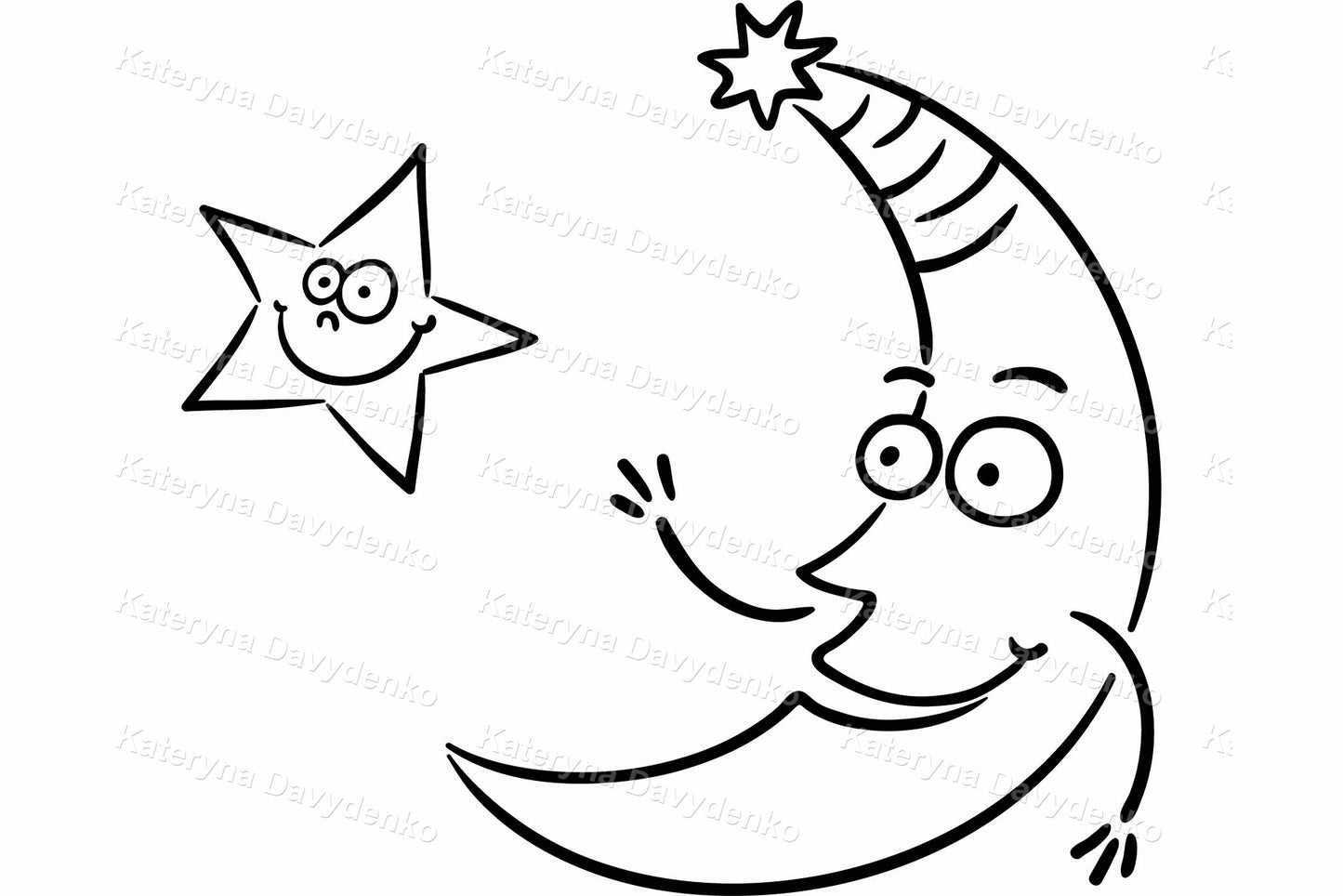 Set of cartoon moon, cloud and sun. Weather doodle outline clipart