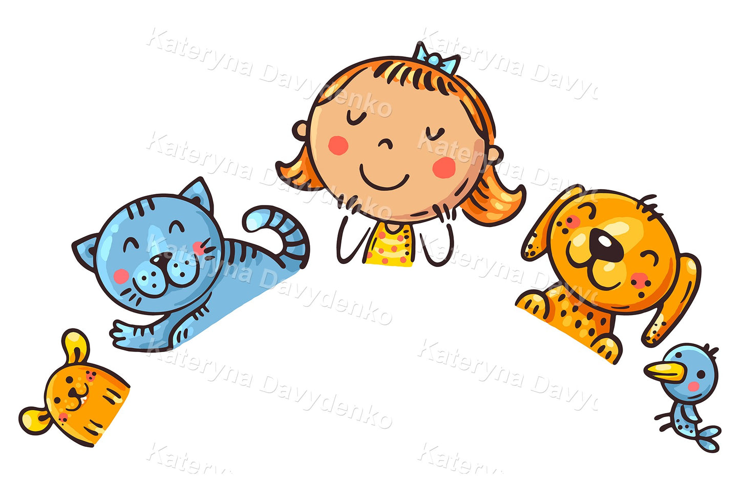 Cartoon girl with pets. Border, frame or header