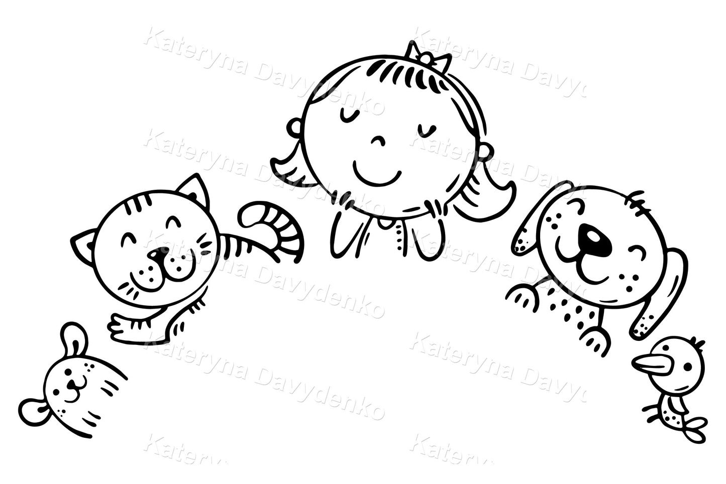 Cute cartoon girl with pets. Border, frame or header