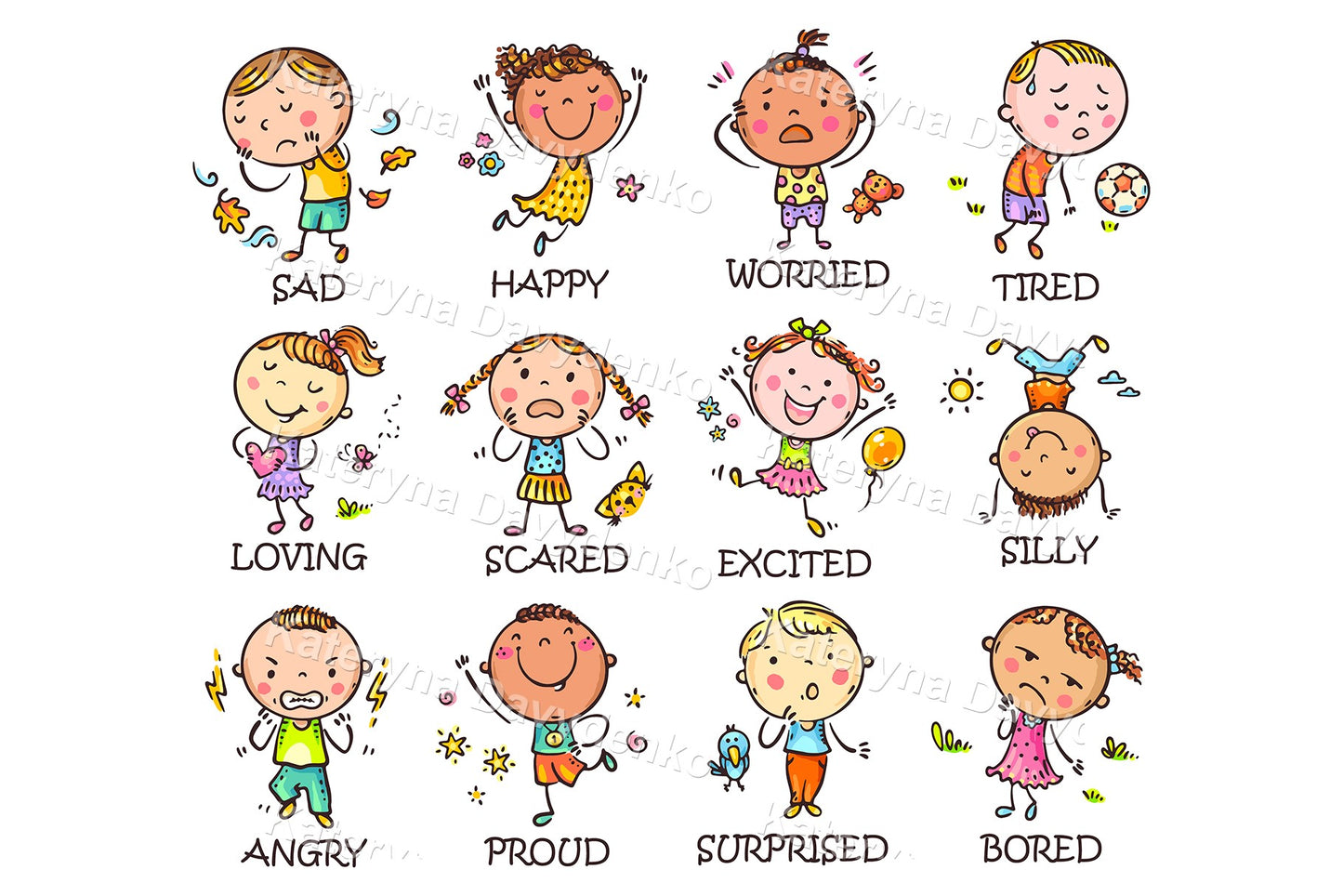 Illustrations of children expressing different emotions with labels below each.