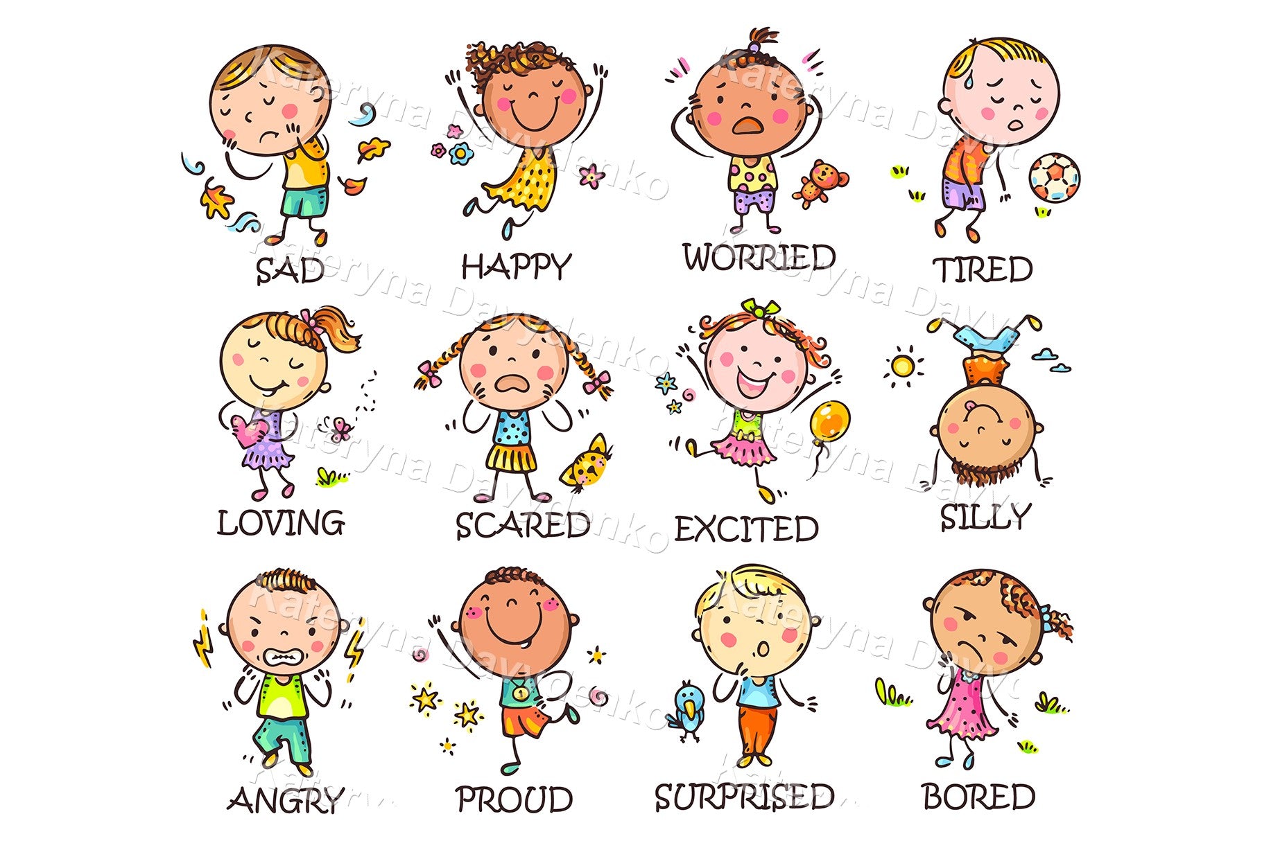 Illustrations of children expressing different emotions with labels below each.