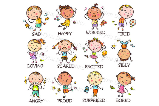 Illustrations of children expressing different emotions with labels below each.