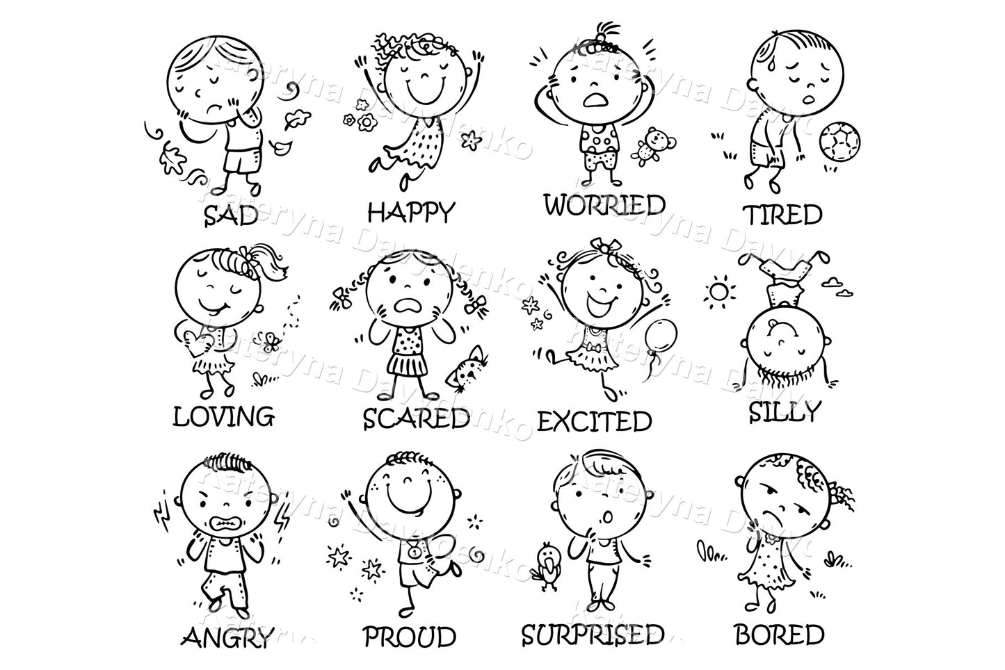 Children expressing different emotions. Black and white illustrations