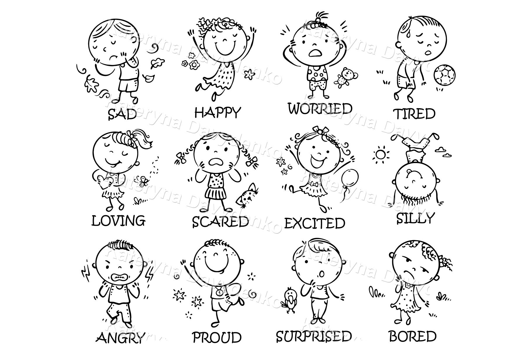 Children expressing different emotions. Black and white illustrations