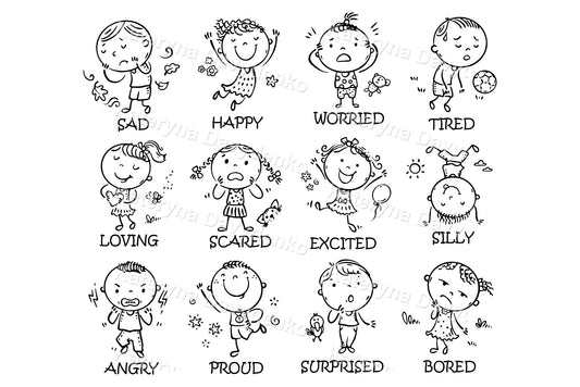 Children expressing different emotions. Black and white illustrations