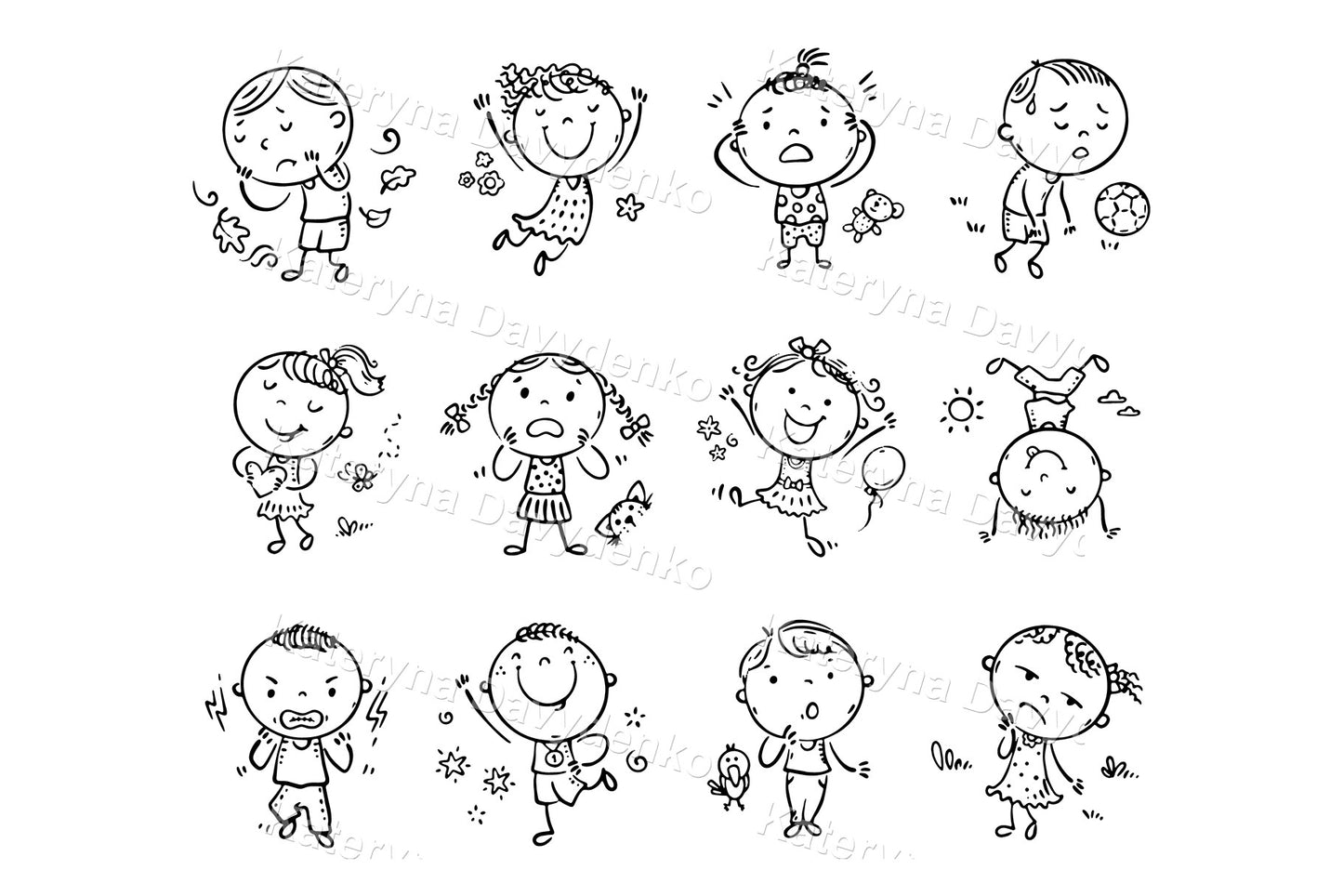 Black and white kids emotions clipart set. Educational feelings vector
