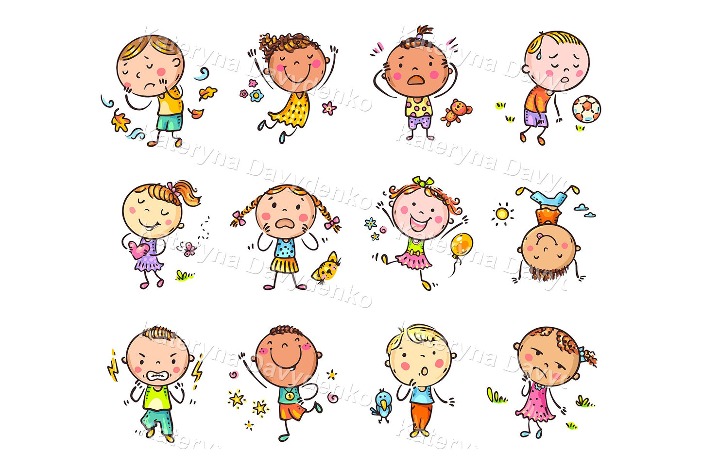 Kids emotions clipart set. Child different emotional expressions cartoon illustration