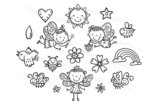 Cute Fairy Tale Clipart Set in Black and White for little kids