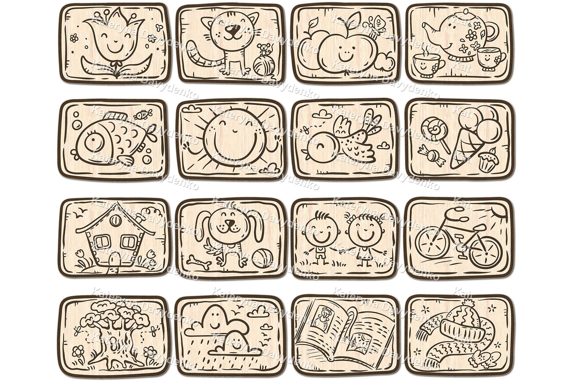 Memory game for kids with adorable illustrations – from animals and nature to sweets and everyday objects. Designed for laser cutting, this set creates a fun wooden matching game that boosts memory, focus, and vocabulary