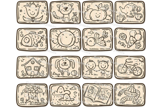 Memory game for kids with adorable illustrations – from animals and nature to sweets and everyday objects. Designed for laser cutting, this set creates a fun wooden matching game that boosts memory, focus, and vocabulary