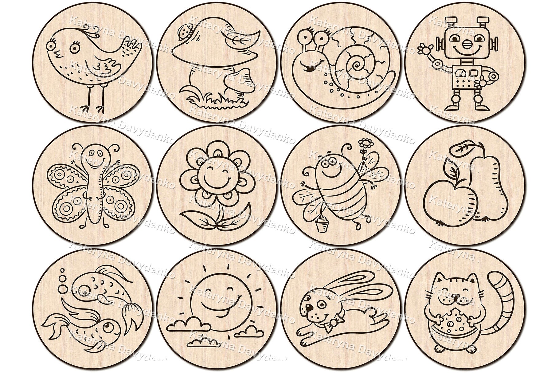 Cute wooden memory game for laser cutting with various animal and nature designs.