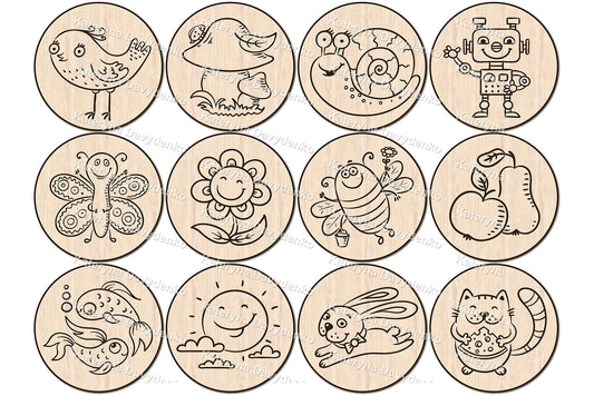 Cute wooden memory game for laser cutting with various animal and nature designs.