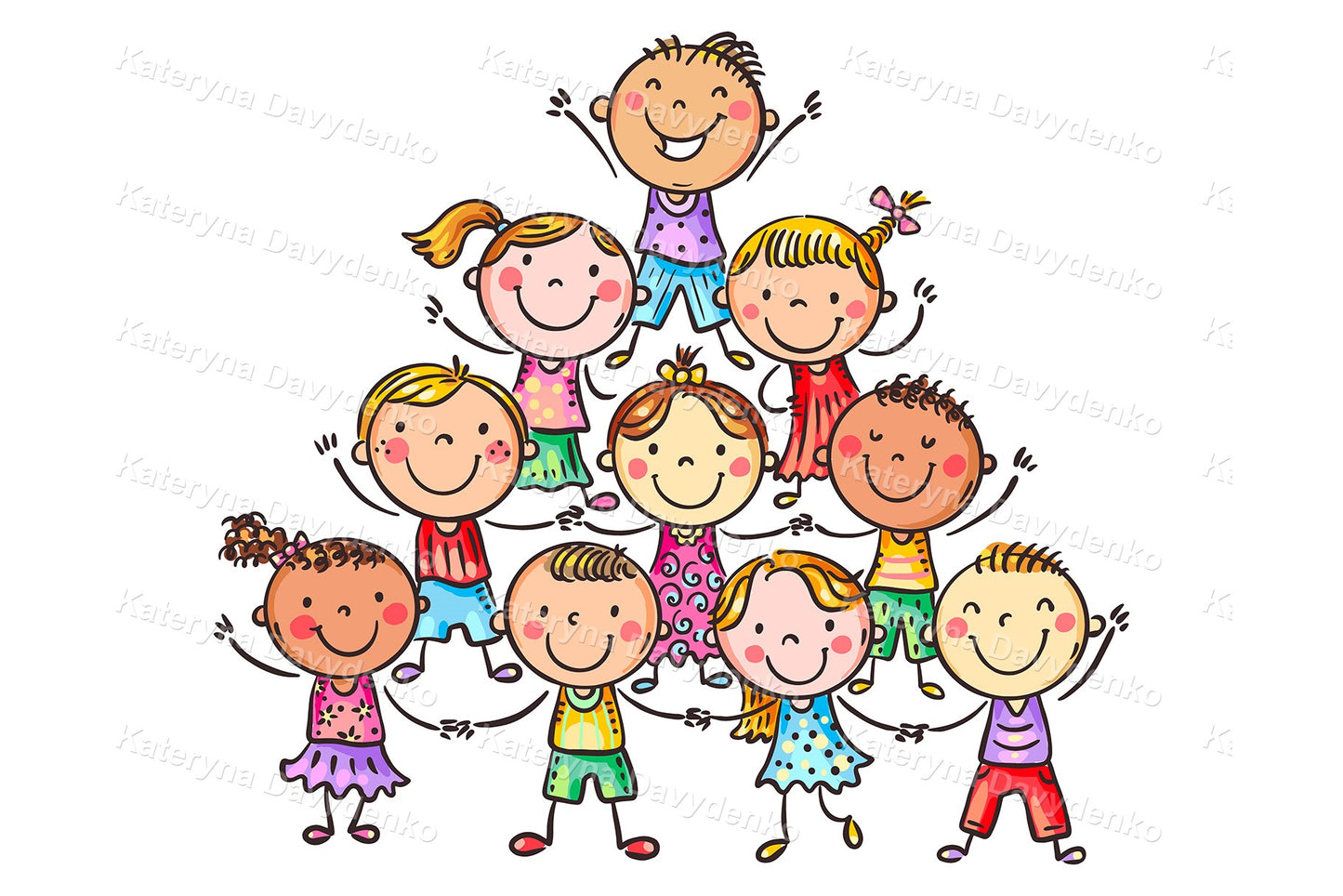 Illustration of group of multiethnic kindergarten boys and girls