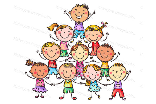Illustration of group of multiethnic kindergarten boys and girls