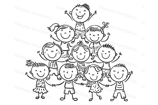 Illustration of a pyramid-shaped group of children with happy expressions