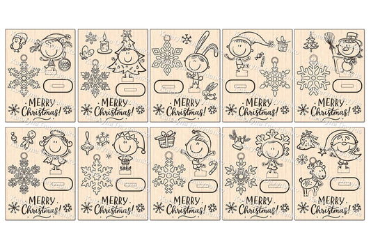 Holiday Craft Set of Merry Christmas Cards with Ornament. Laser Cut DIY xMas Cards. Paintable Holiday Gift & Tree Decoration. Glowforge xTool Template