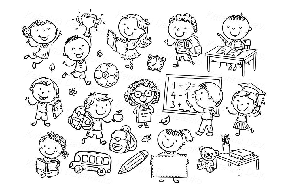 School Kids Coloring Clipart – Black and White Classroom Graphics