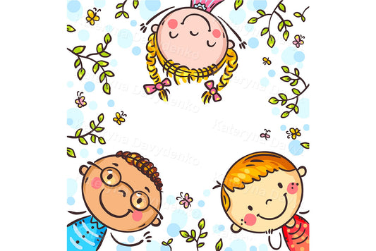 Square cover with happy diverse kids, cartoon frame with cute children faces