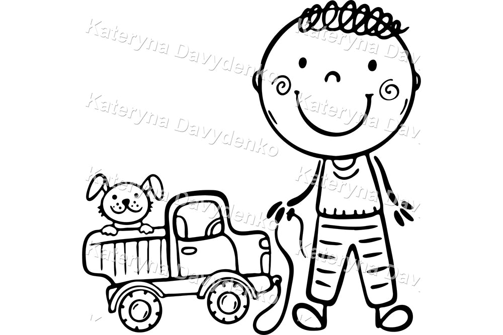 Kids with Toys & Pets – Black and White Cartoon Clipart Set