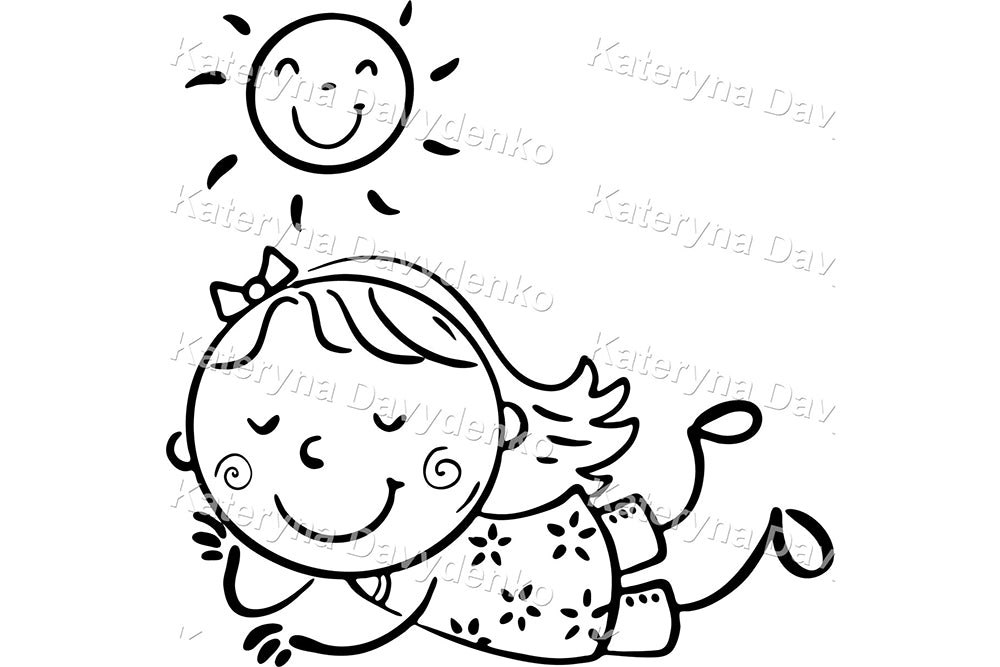 Kids with Toys & Pets – Black and White Cartoon Clipart Set