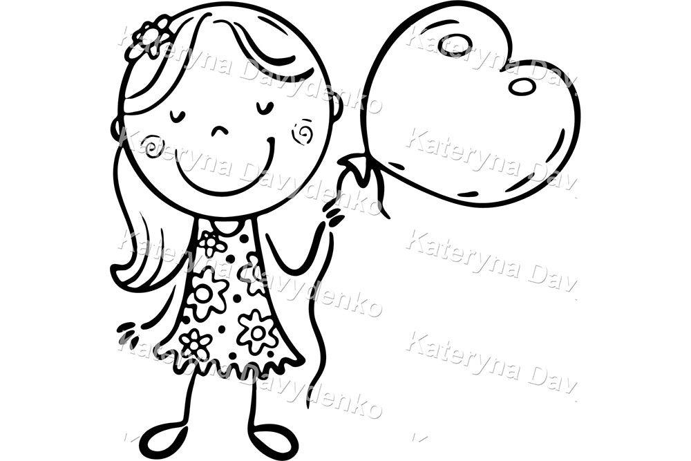 Kids with Toys & Pets – Black and White Cartoon Clipart Set