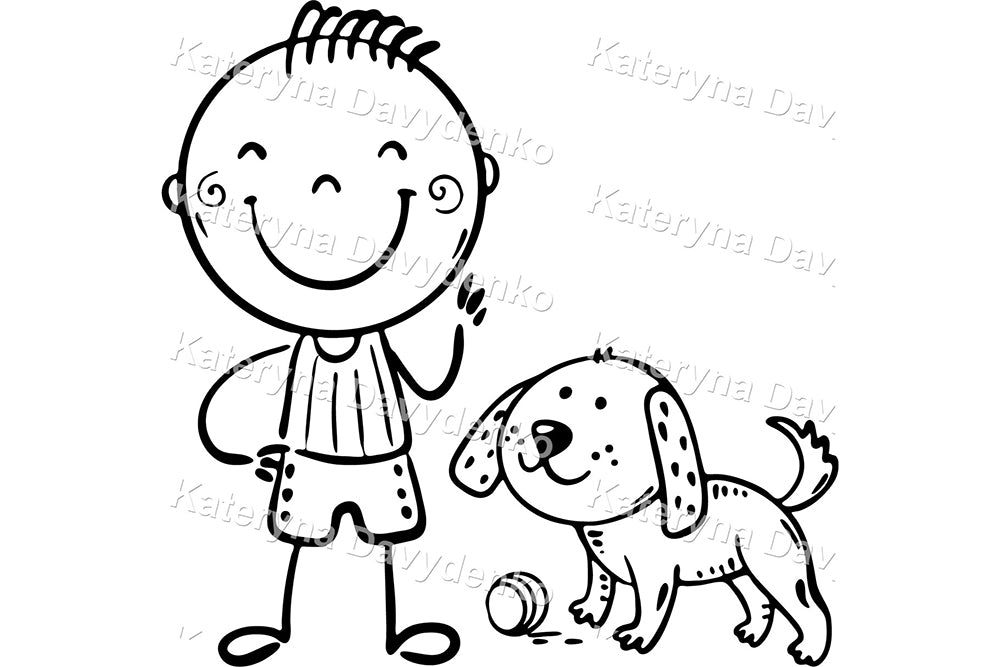 Kids with Toys & Pets – Black and White Cartoon Clipart Set